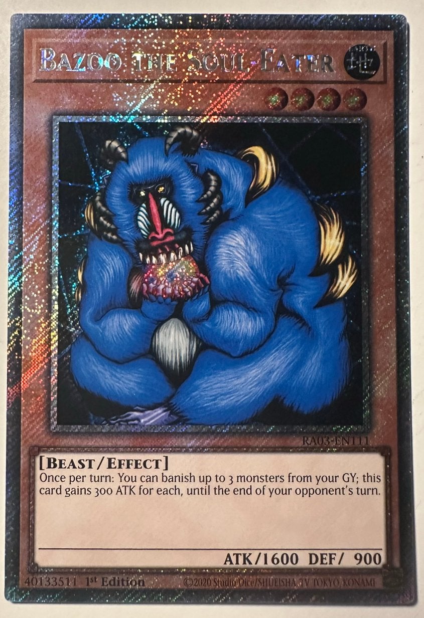 Yu-Gi-Oh! Bazoo the Soul-Eater RA03 1st Edition !, Ophalen of Verzenden, Zo goed als nieuw, Losse kaart, Foil