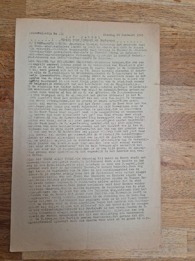 Wo2 illegale pers verzetskrant Het Parool, 20 februari 1945, Ophalen of Verzenden, Nederland, Boek of Tijdschrift