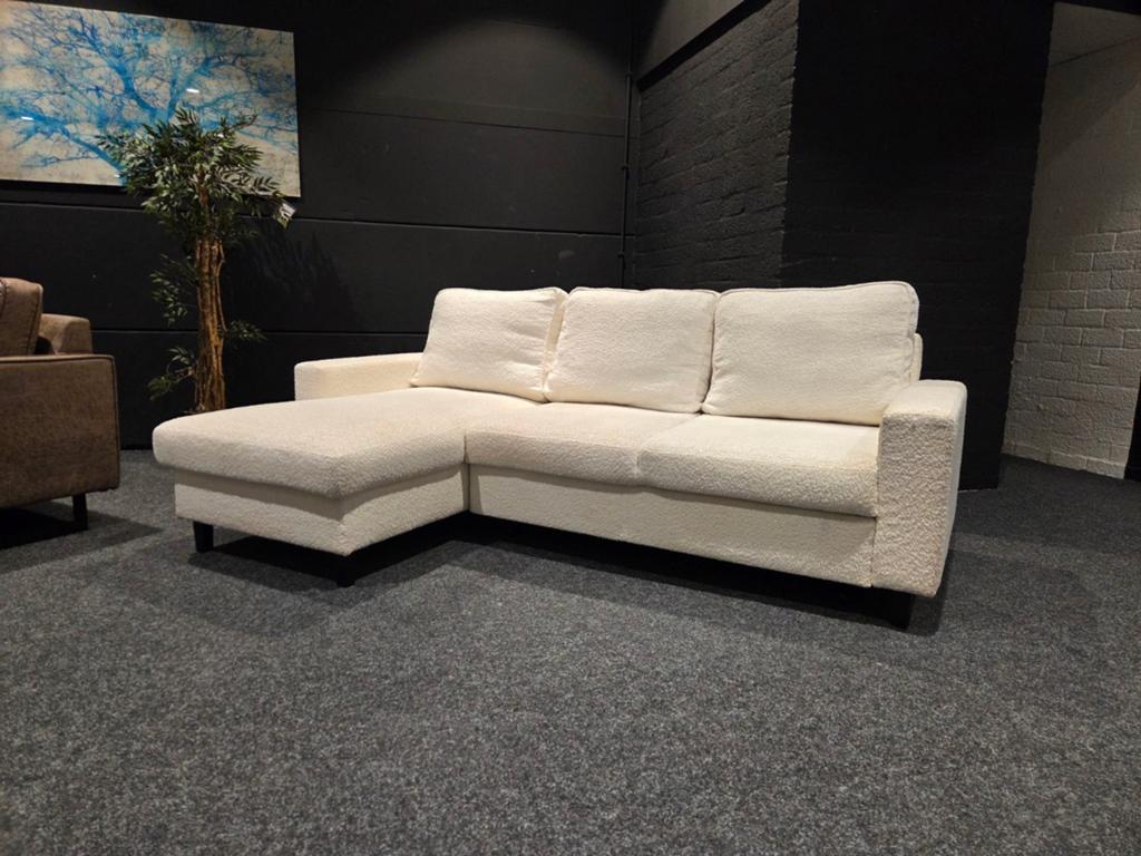 Compacte slaap/loungebank met storage in teddy/bouclé stof, Hoekbank, Nieuw, 75 tot 100 cm, Ophalen of Verzenden