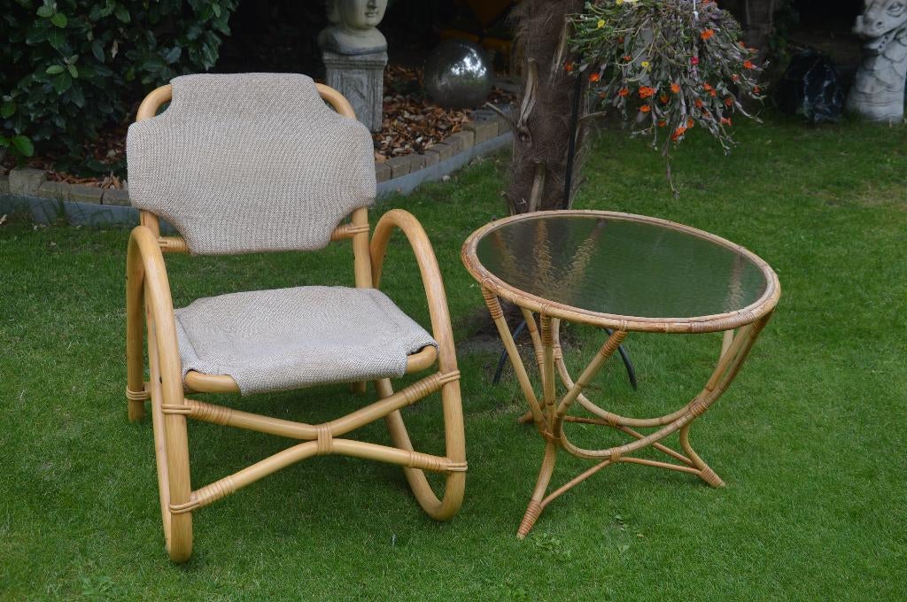 Vintage bamboe setje jaren 70 stoel + tafeltje boho stijl, Ophalen, Huis en Inrichting