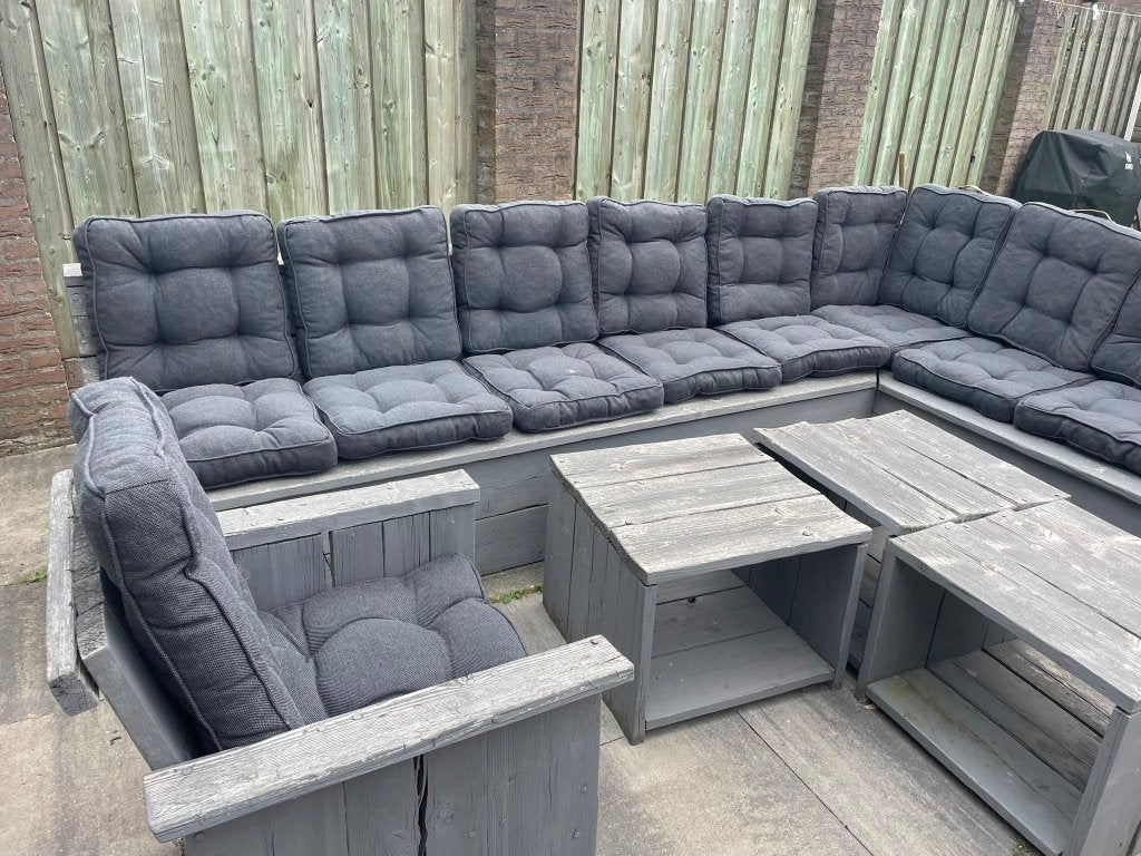 Loungebank met tafels en kussend, Tuin en Terras, Ophalen, Gebruikt, Steigerhout, Loungeset