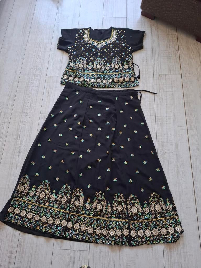 Lehenga Indiase Feestkleding: Rok, Blouse & Dupatta, Maat 38/40 (M), Zwart, Ophalen of Verzenden, Gedragen