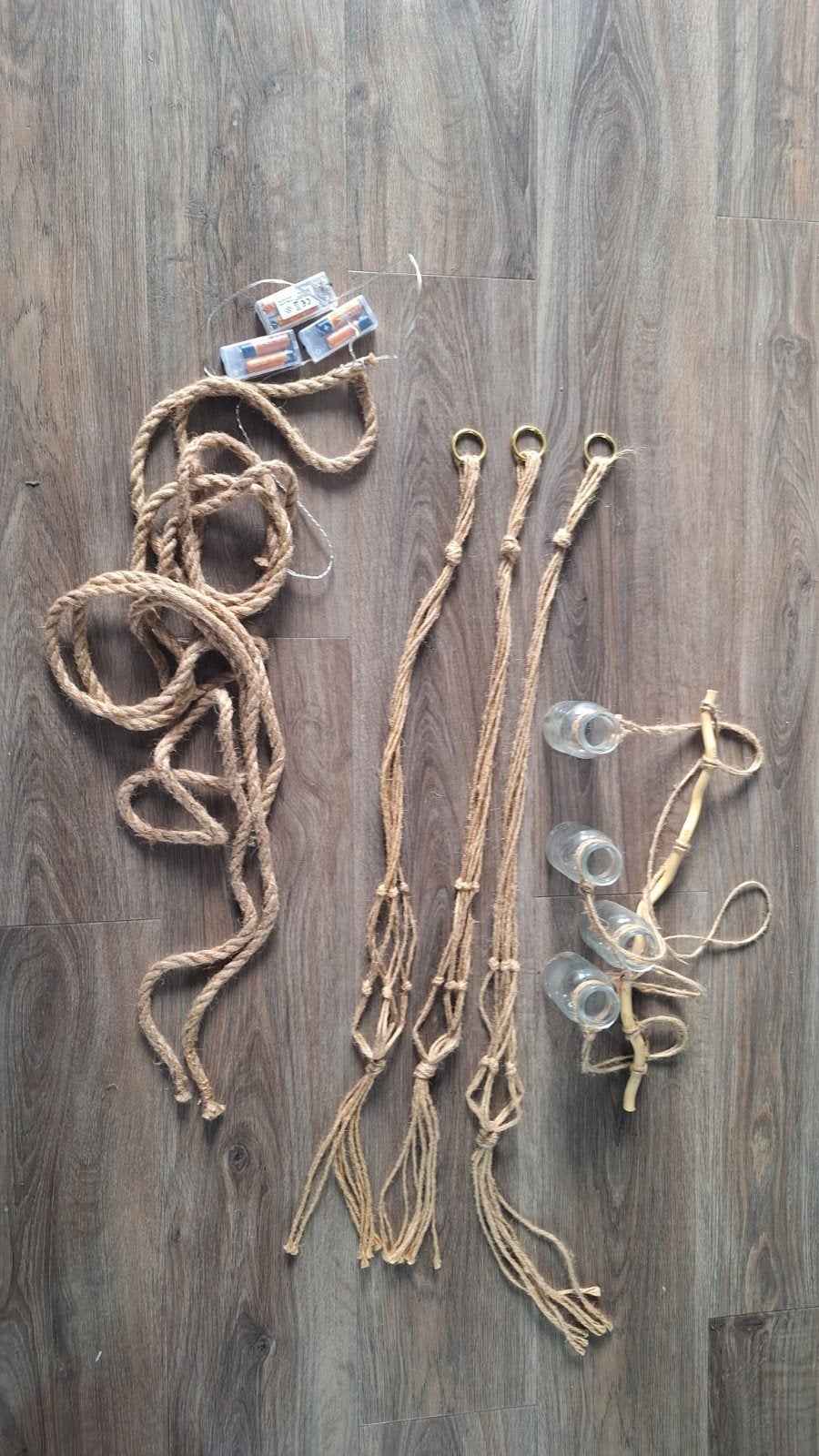 Tak + Vaasjes + Juten touw LED-slingers + Macramé plantenh.., Hout, Ophalen of Verzenden, Bruin, Landelijk