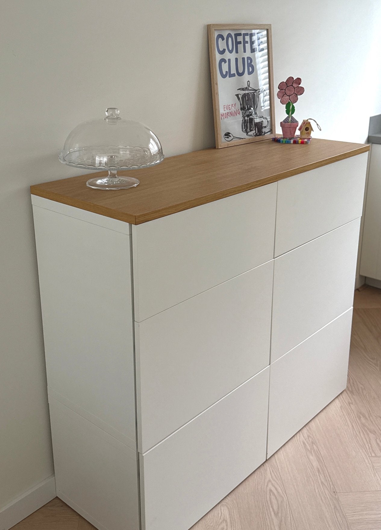Ikea Besta dressoir met 6 lades, wit met houten blad, Huis en Inrichting, Kasten | Ladekasten, Ophalen, Gebruikt, 5 laden of meer