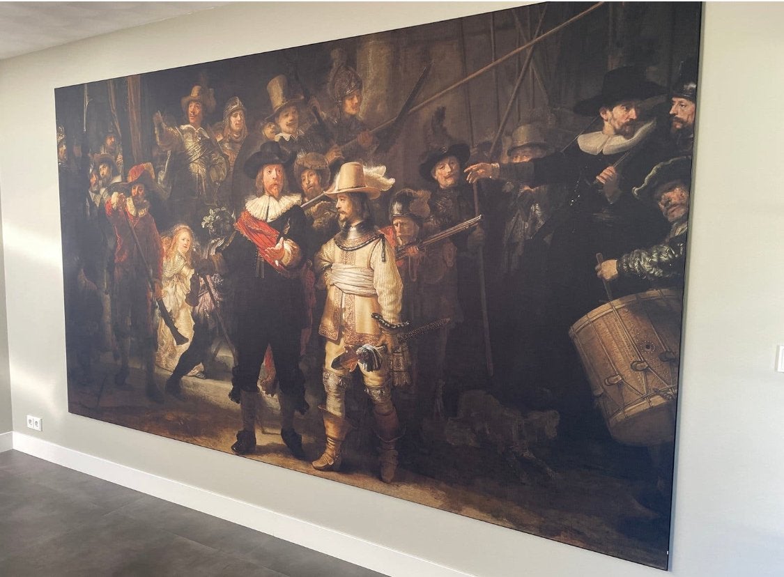 De Nachtwacht akoestisch schilderij - 196x340 cm, Doek, Portret of Personen, Ophalen of Verzenden, Klassiek