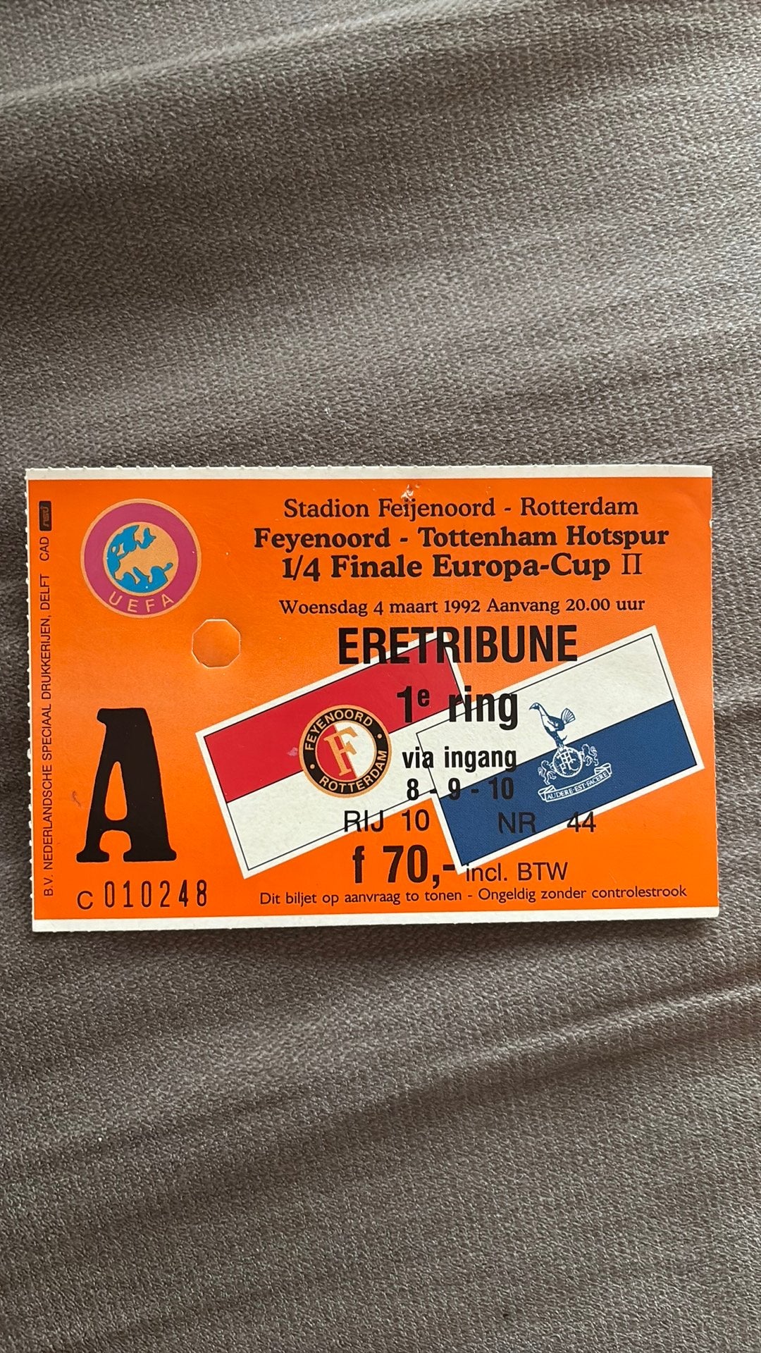 Oud stadionticket feyenoord spurs 1992, Ophalen of Verzenden, Zo goed als nieuw, Feyenoord