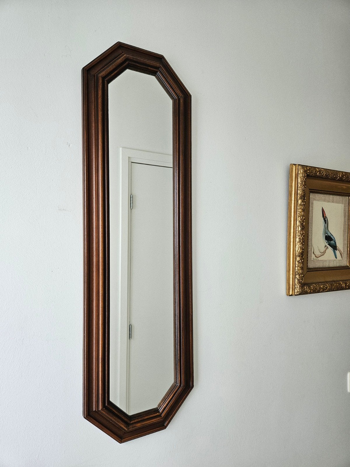 Vintage houten spiegel / passpiegel, achthoekige lijst, Ophalen, Minder dan 50 cm, Gebruikt, Minder dan 100 cm