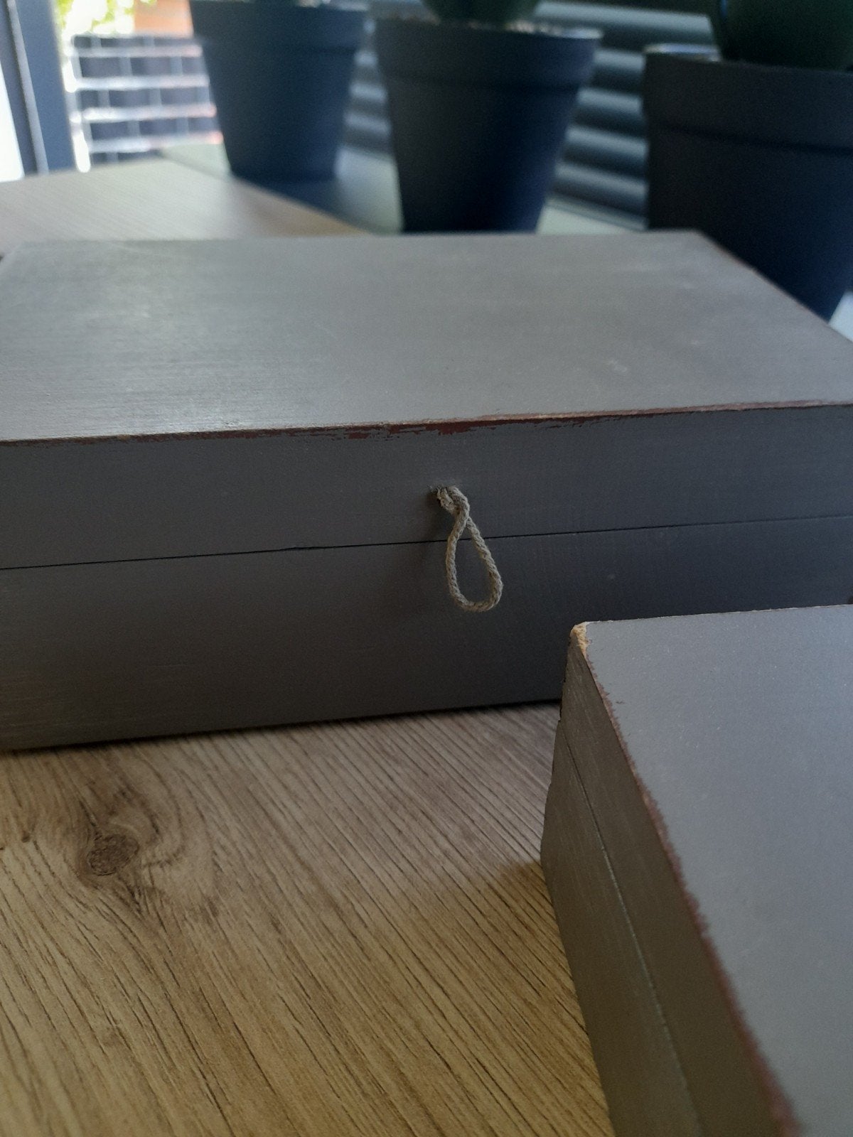 Set van 4 grijze houten opbergdoosjes, Minder dan 50 cm, Minder dan 50 cm, Ophalen of Verzenden, Zo goed als nieuw