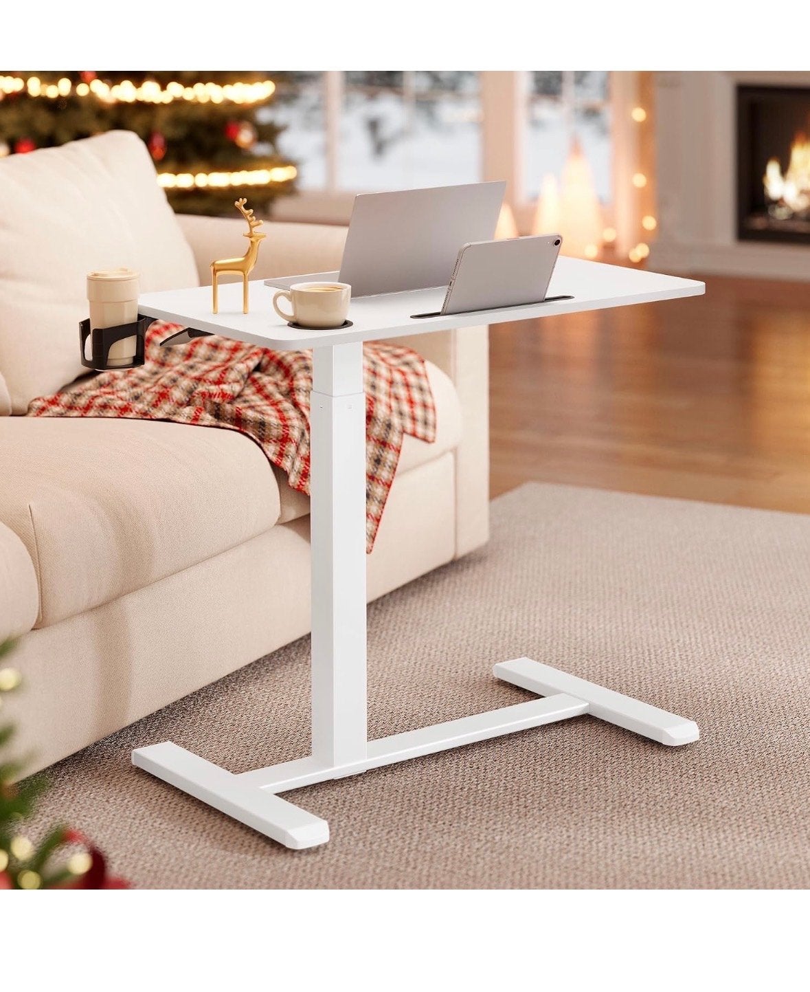 Verstelbare bijzettafel wit met laptop- en bekerhouder, Ophalen, Metaal of Aluminium, 55 tot 75 cm, Zo goed als nieuw