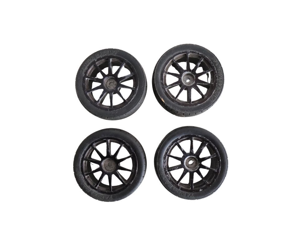 4x Tamiya banden met velg 1/10 rc auto, Ophalen of Verzenden, Gebruikt