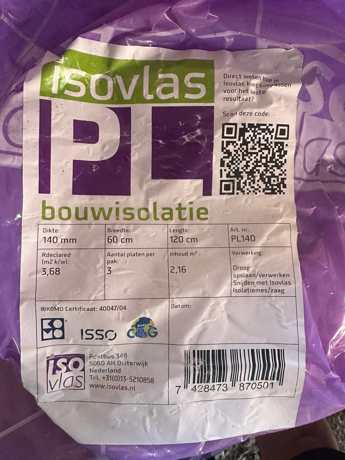 Isovlas 140 mm isolatieplaten nieuw. 4 pakken., Ophalen, Overige materialen, 12 cm of meer, Nieuw