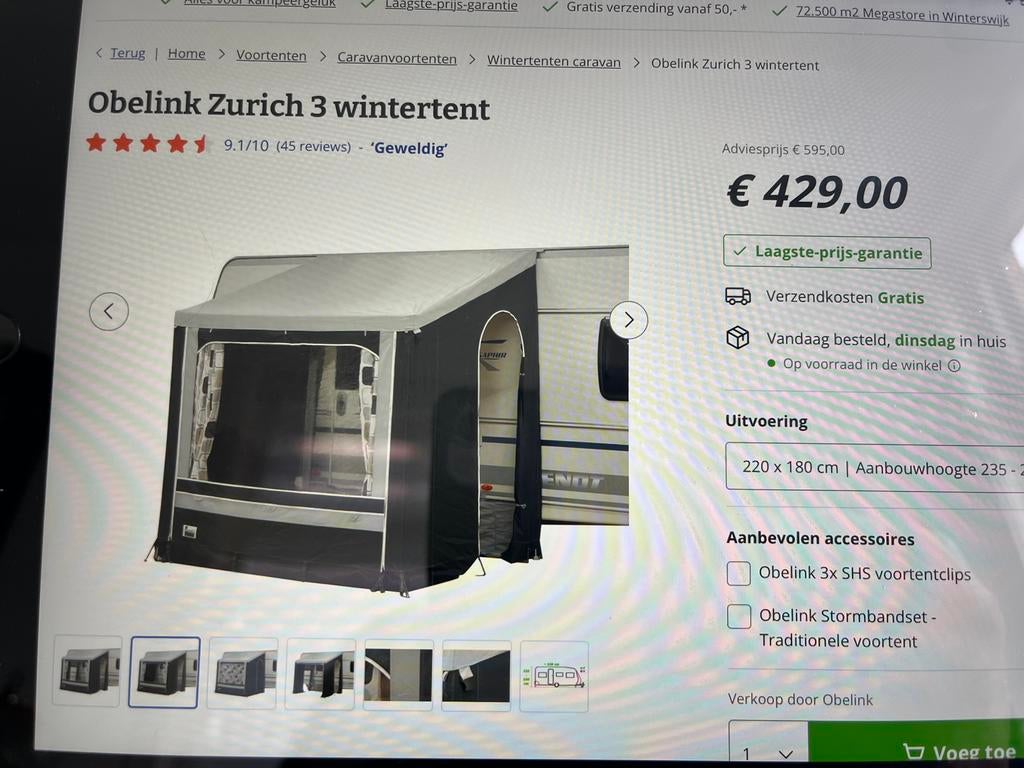 Obelink zurich 3 Voortent .Z.G.A.N., Caravans en Kamperen, Voortenten en Luifels, Ophalen of Verzenden, Zo goed als nieuw