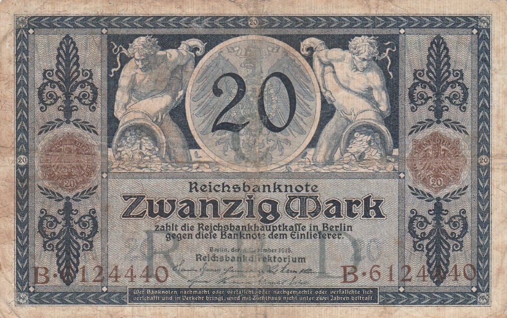 zwanzig mark 1915, Postzegels en Munten, Ophalen of Verzenden, Duitsland, Los biljet