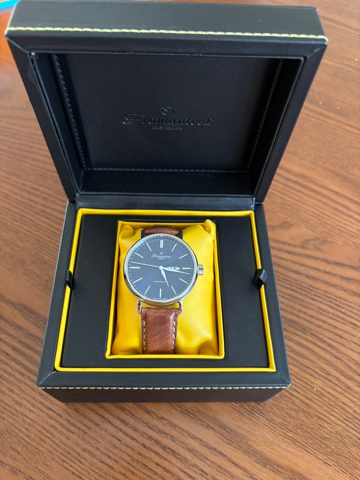 Fromanteel horloge dark blue dial, Sieraden, Tassen en Uiterlijk, Horloges | Heren, Overige merken, Leer, Staal, Polshorloge