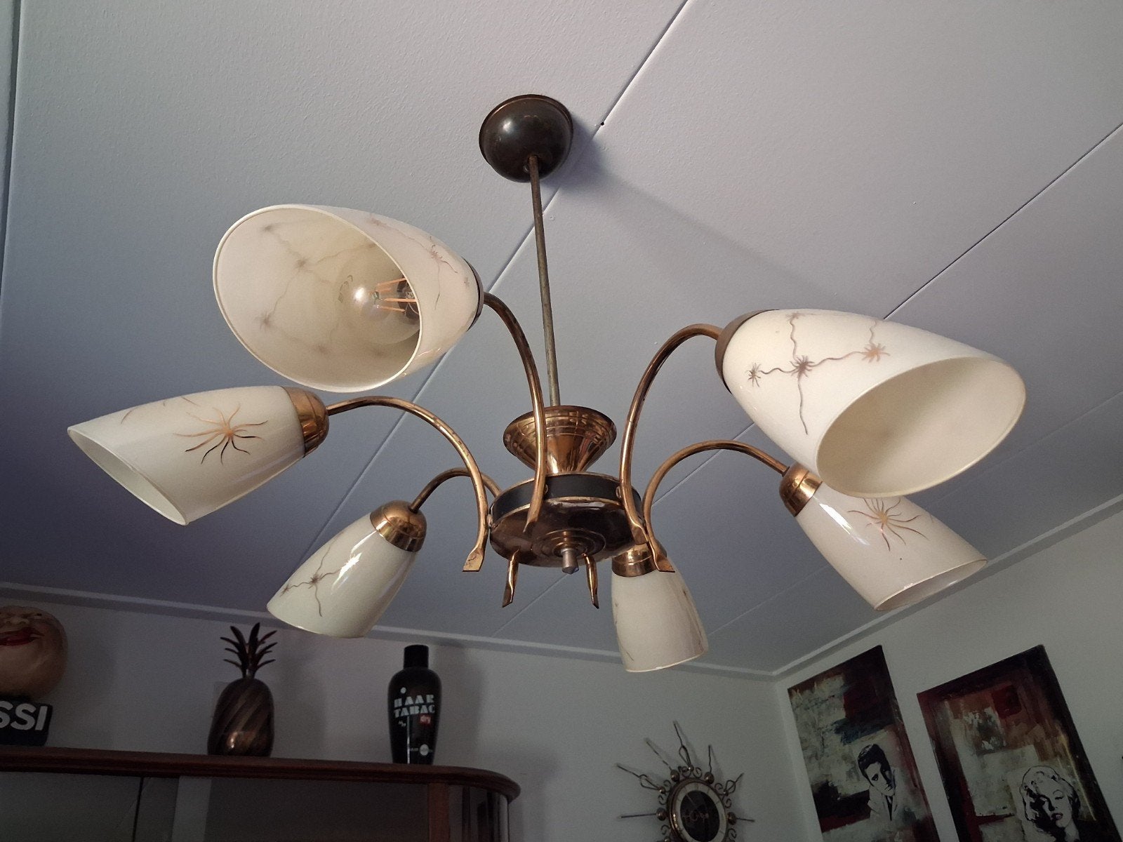 Vintage Mid-Century Design plafondlamp met 6 Glazen Kelken, Ophalen of Verzenden