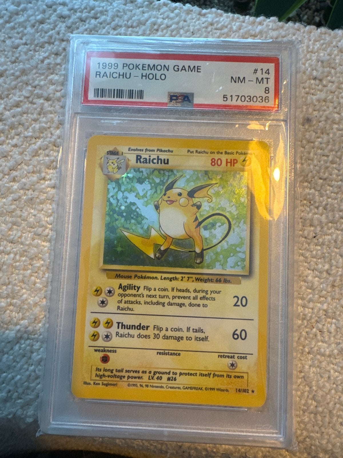 Raichu Holo 1999 Pokémon Game PSA 8 NM-MT #14, Ophalen of Verzenden, Zo goed als nieuw, Losse kaart