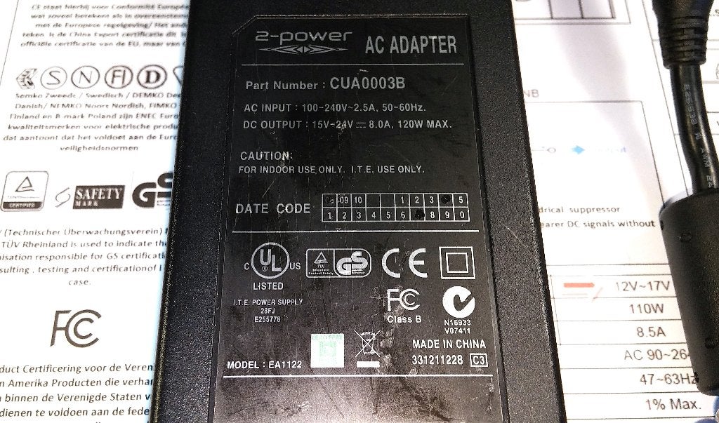 2-Power EDAC EA1122 19.5V 8A 20V 6A 24V 120W Adapter 2.5x5.5, Ophalen of Verzenden, Refurbished