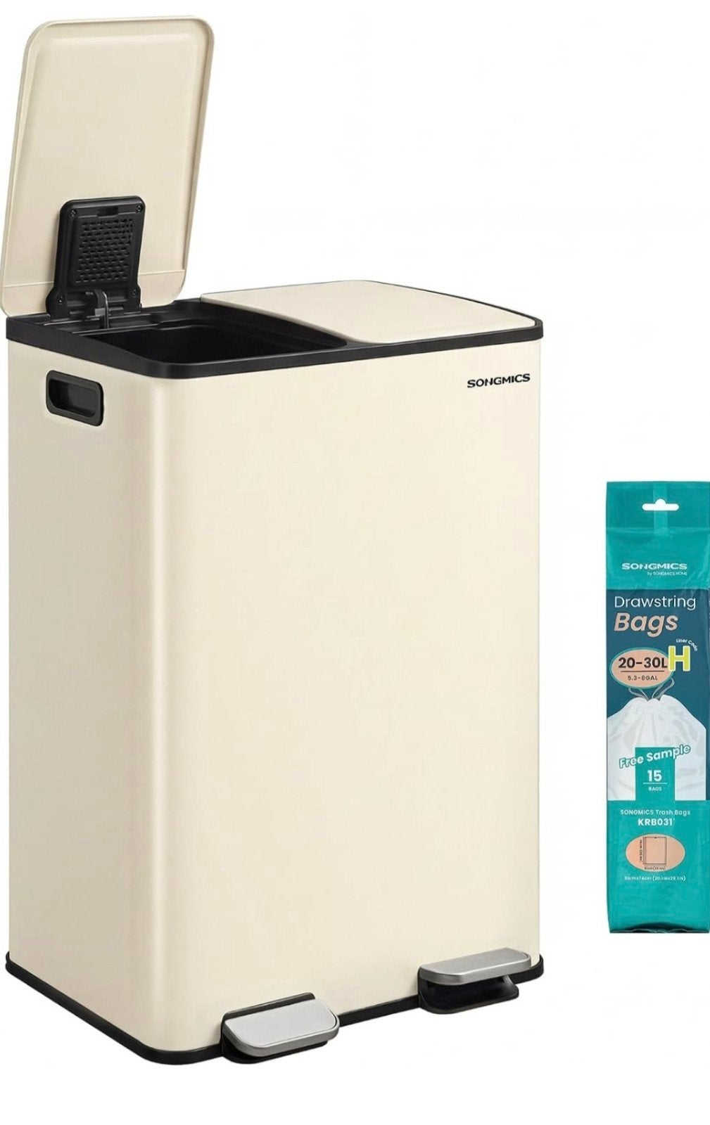 Songmics Prullenbak met Pedaal - 2x30L - Crème, Met pedaal, 40 liter of meer, Ophalen of Verzenden, Zo goed als nieuw