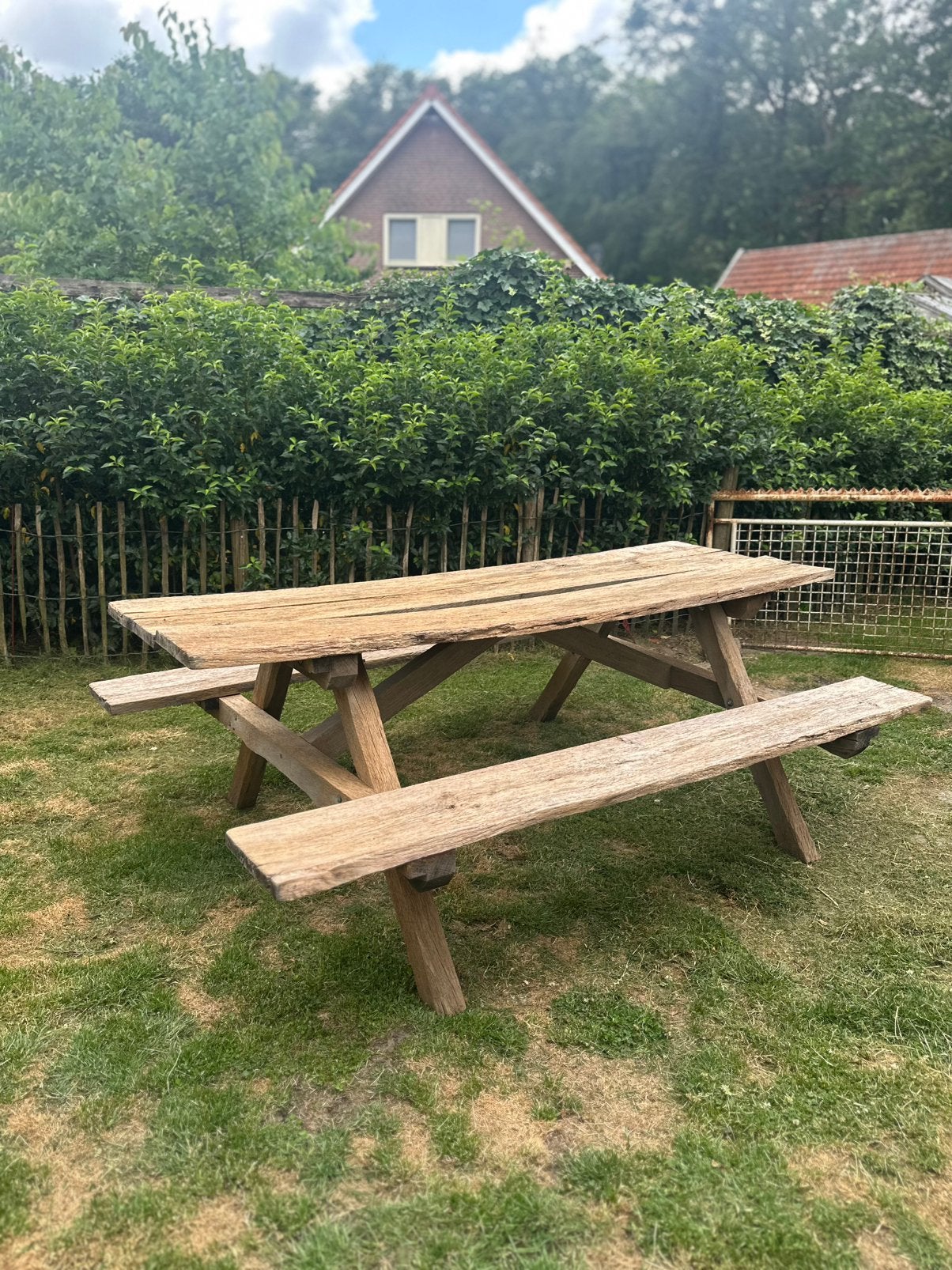 Authentieke eikenhouten picknick tafel, Tuin en Terras, Picknicktafels, Ophalen, Gebruikt, Rechthoekig, Hout