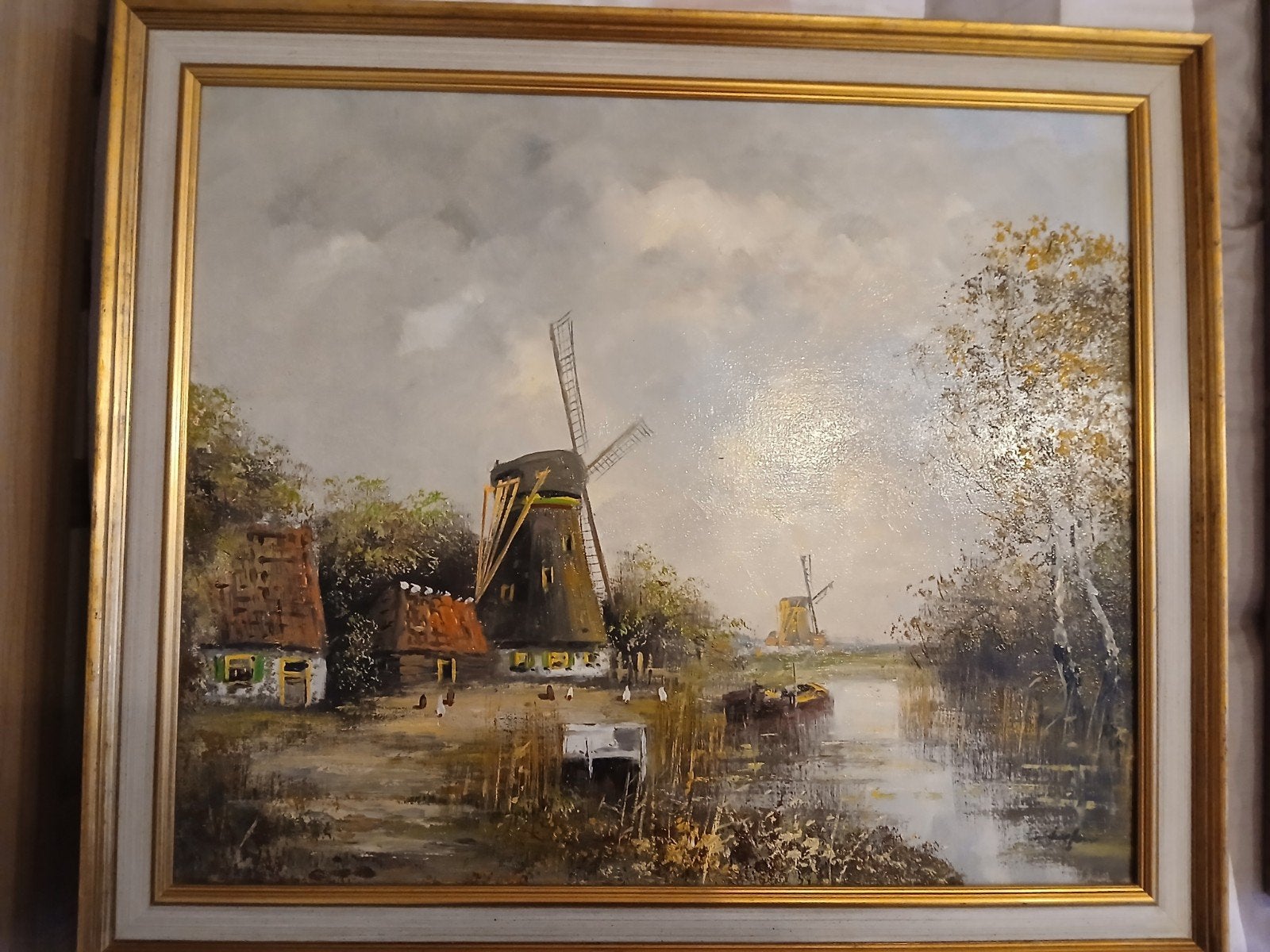 Olieverfschilderij Hollandse Molens Landschap, Ophalen of Verzenden