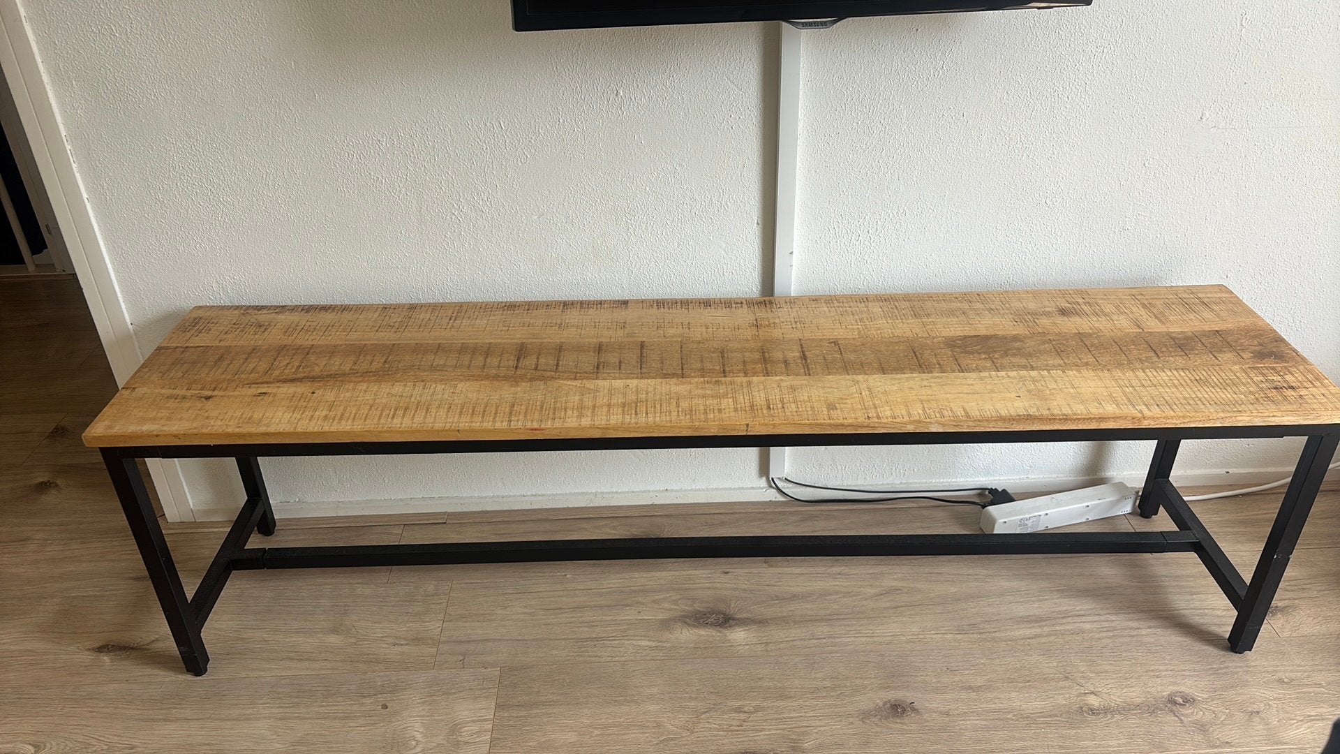 Bankje mangohout zwart staal, Ophalen, Minder dan 50 cm, 125 cm of meer, Zo goed als nieuw