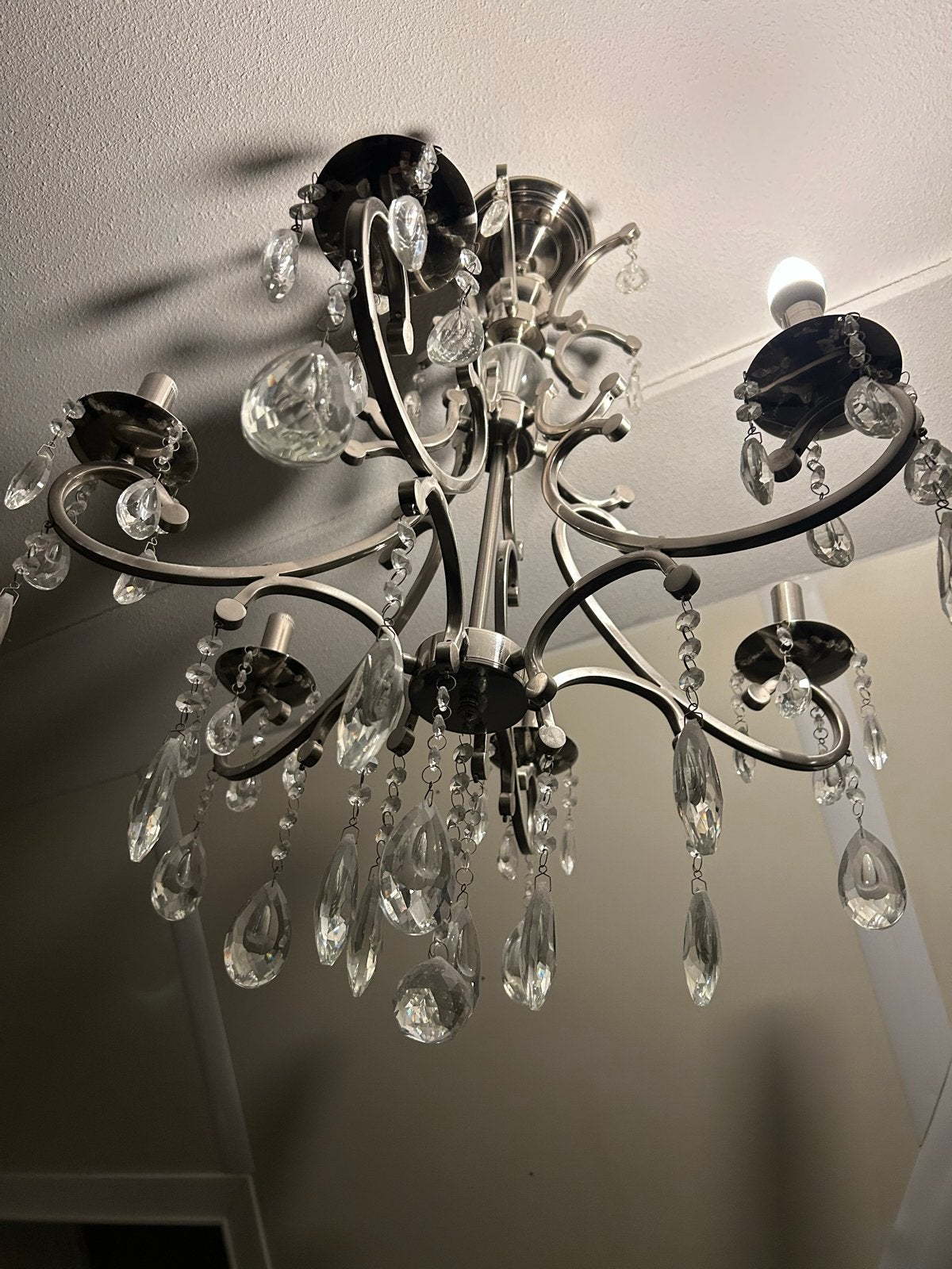 Elegante Kroonluchter met 6 Armen en Kristallen, Ophalen, Gebruikt, Glas, E14 (klein)