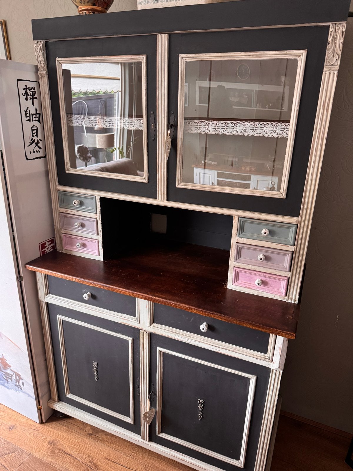 Unieke antieke secretaire/vitrinekast - Zwart/wit, Ophalen