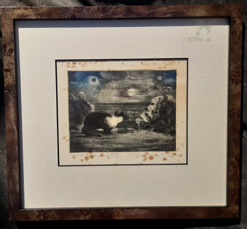 Oude ets, kat op strand bij een volle maan, gesigneerd, Antiek en Kunst, 10 cm, Ets, Met monogram, Ophalen of Verzenden