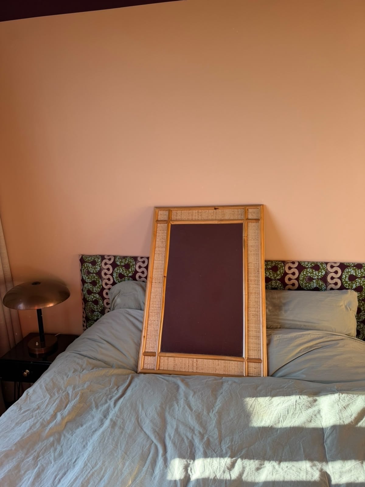 Vintage rotan spiegel met bamboe frame, Ophalen, Rechthoekig, 50 tot 100 cm, 100 tot 150 cm