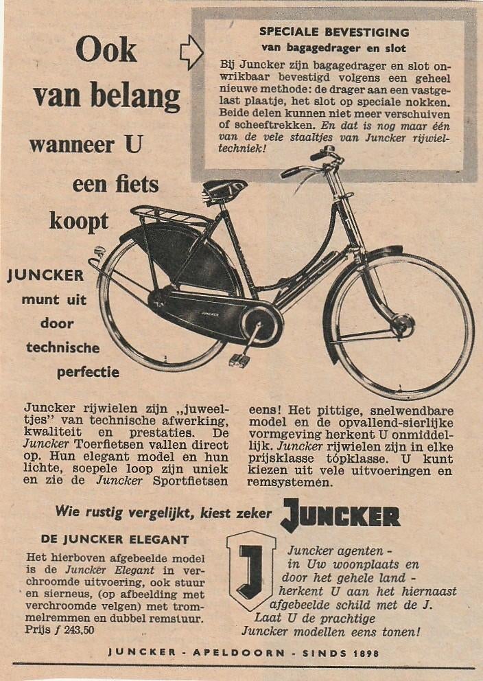 Retro reclame 1956 Juncker fiets Elegant Apeldoorn, Verzamelen, Verzenden, Overige typen