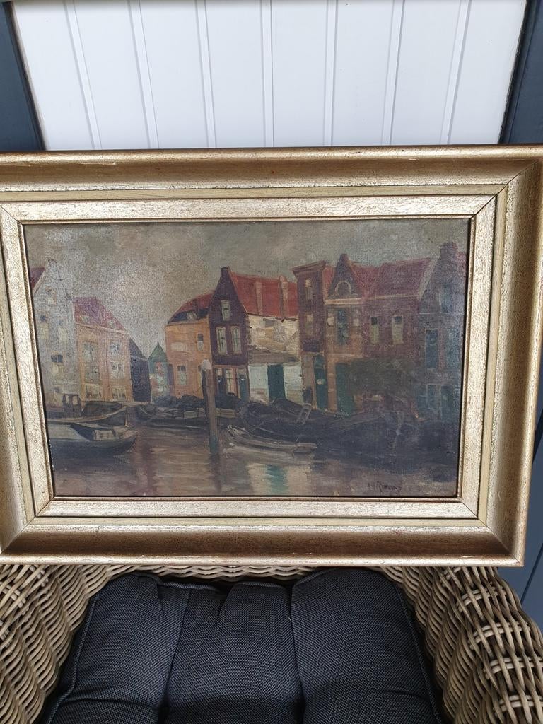 Oud schilderij van een gracht met huizen en boten, Ophalen of Verzenden