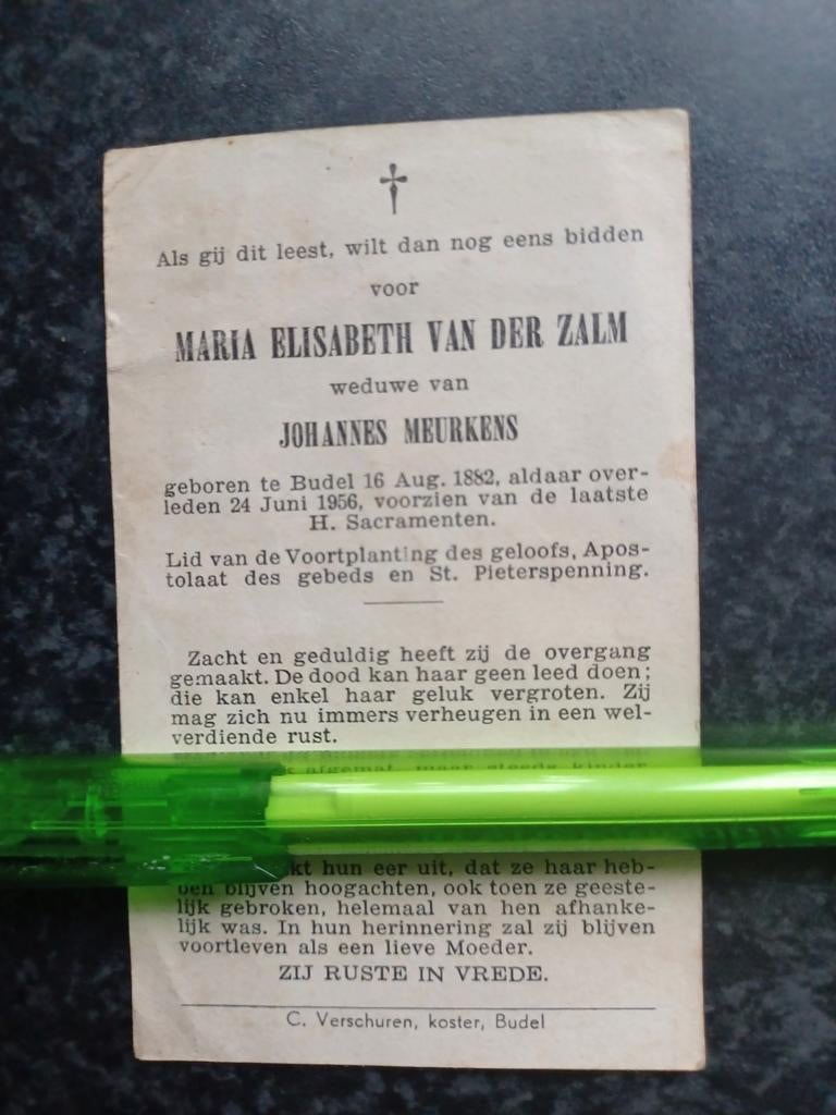 Bidprentje Budel Maria vd Zalm 1882 1956, Ophalen, Bidprentje