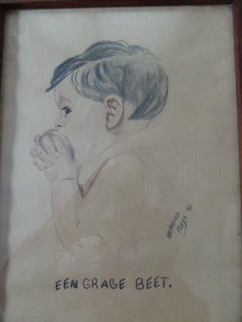potloodtekening uit 1943, een grage beet in een appel, Antiek en Kunst, Kunst | Tekeningen en Foto's, Verzenden, Tekening, Potloodtekening