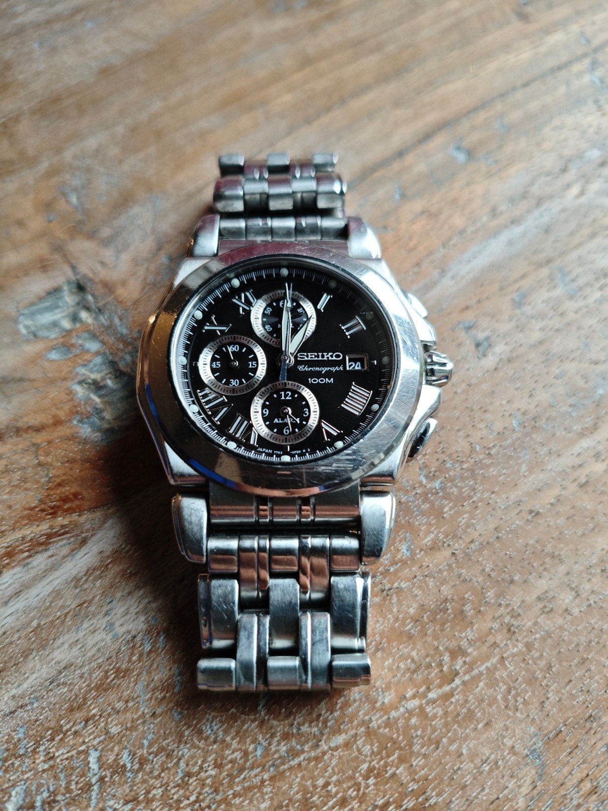 JDM Seiko Chronograph SNA525P1 Zwart Quartz Horloge, Gebruikt, Staal, Polshorloge, Ophalen of Verzenden