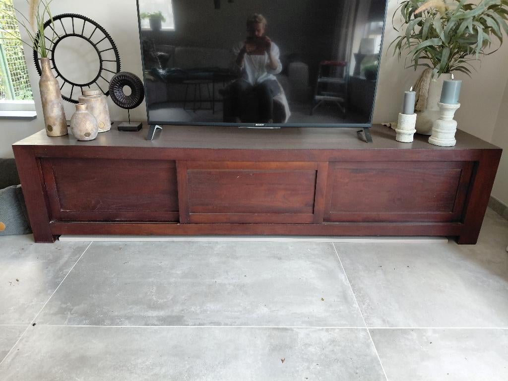 Tv meubel teak 220 cm schuifdeuren, Huis en Inrichting, Kasten | Televisiemeubels, Ophalen, Gebruikt, Teakhout, 200 cm of meer