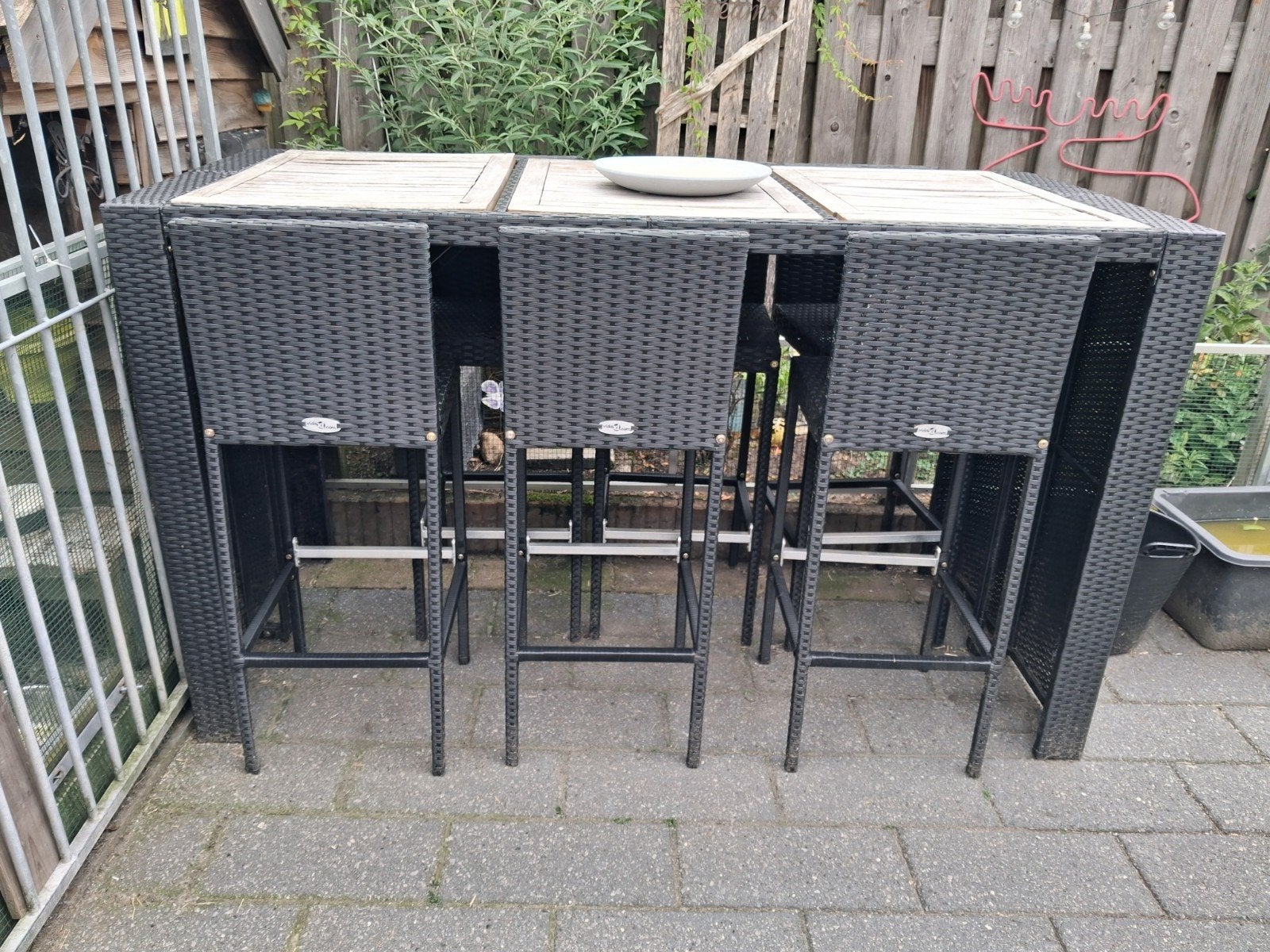 Wicker bartafel met 6 barkrukken - Tuinbarset, Ophalen, Gebruikt, 6 zitplaatsen, Wicker