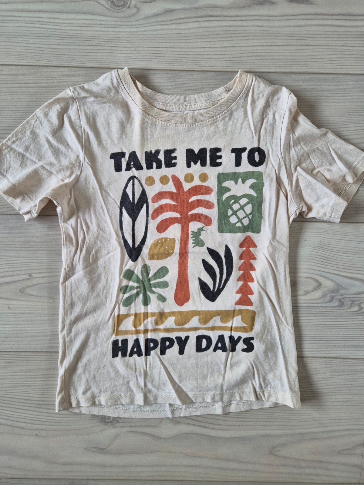 T-shirt met 'Take Me To Happy Days' print maat 122, Ophalen of Verzenden, Gebruikt, Onbekend, Jongen of Meisje
