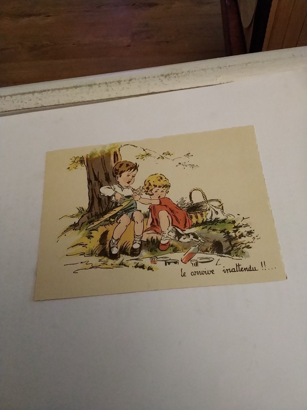 Vintage kaart: Kinderen Picknick 'Le convive inattendu!!, Ophalen of Verzenden