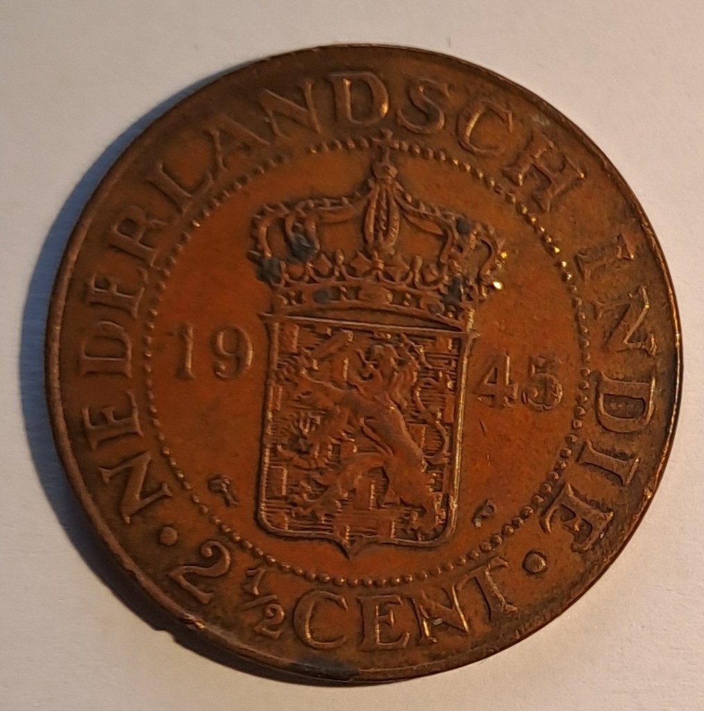 2,5 cent of halve stuiver 1945 Nederlands Indië., Verzenden, Koningin Wilhelmina, Overige waardes, Losse munt
