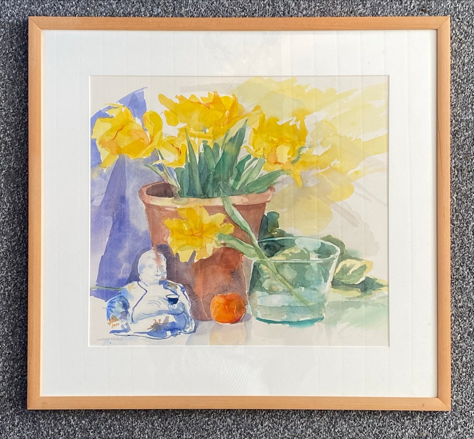 Aquarel Stilleven met Narcissen en Boeddha, Ophalen, Realistisch, Stilleven, Aquarel