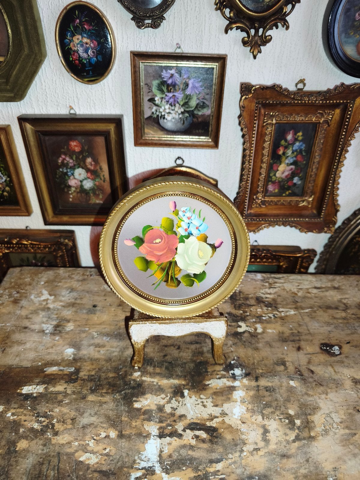 oud schilderijtje schilderij lijst stilleven bloemen Y89, Ophalen of Verzenden