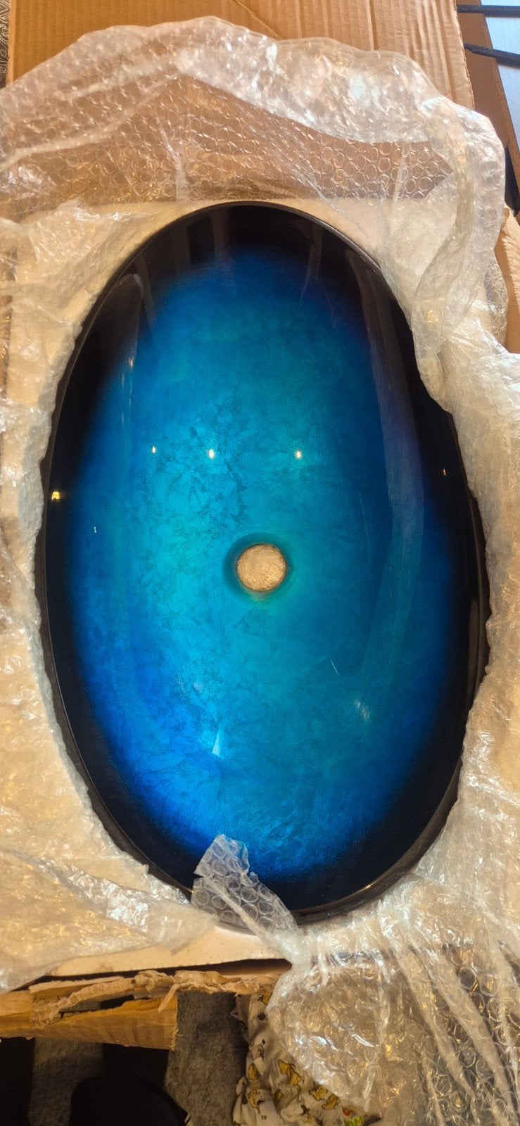 Nieuwe Glazen Wasbak Blauw/Zwart met Zwarte Waterval Kraan, Ophalen of Verzenden, Nieuw, Glas, Wastafel