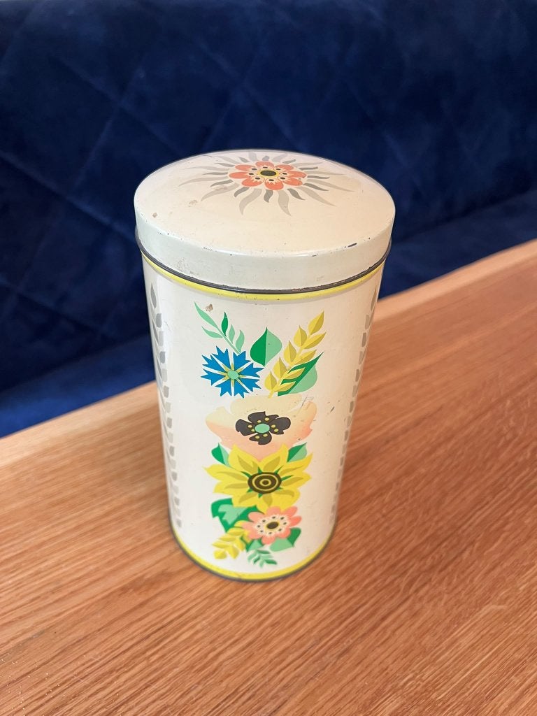 Vintage beschuit blik met bloemen 21cm hoog, 10,5cm diameter, Verzamelen, Ophalen of Verzenden, Gebruikt, Overige
