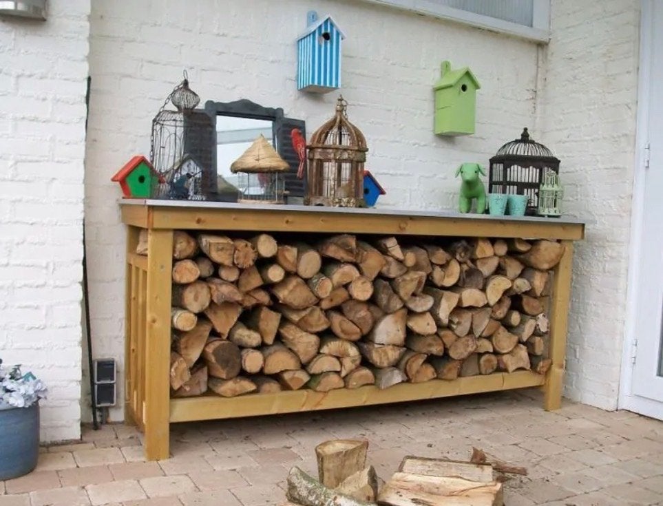Houten haardhoutopslag/buitenbar - 180x50x80 cm, Ophalen, Zo goed als nieuw, Rechthoekig, Hout