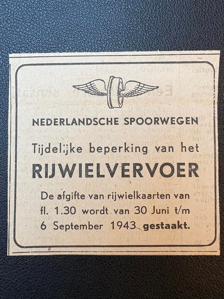 Oude advertentie NS ‘Beperking rijwielvervoer’ (1943), Verzamelen, Ophalen of Verzenden, Gebruikt, Trein