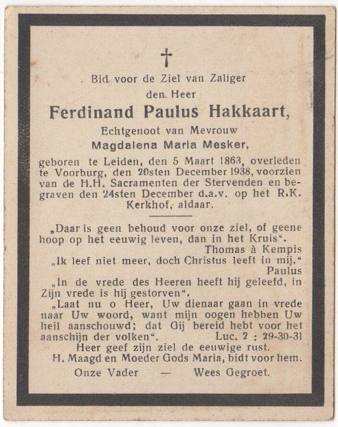 Ferdinand P. Hakkaart 1863 Leiden + 1938 Voorburg, 75 jaar, Verzenden