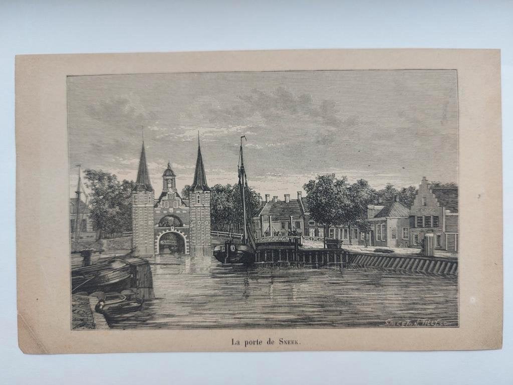 12 / Waterpoort in de haven van Sneek Houtgravure, Ophalen of Verzenden