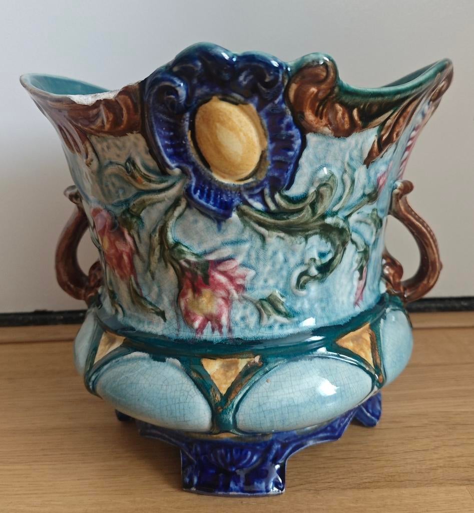 Antieke keramische bloempot Barbotines Onnaing, Antiek en Kunst, Ophalen of Verzenden