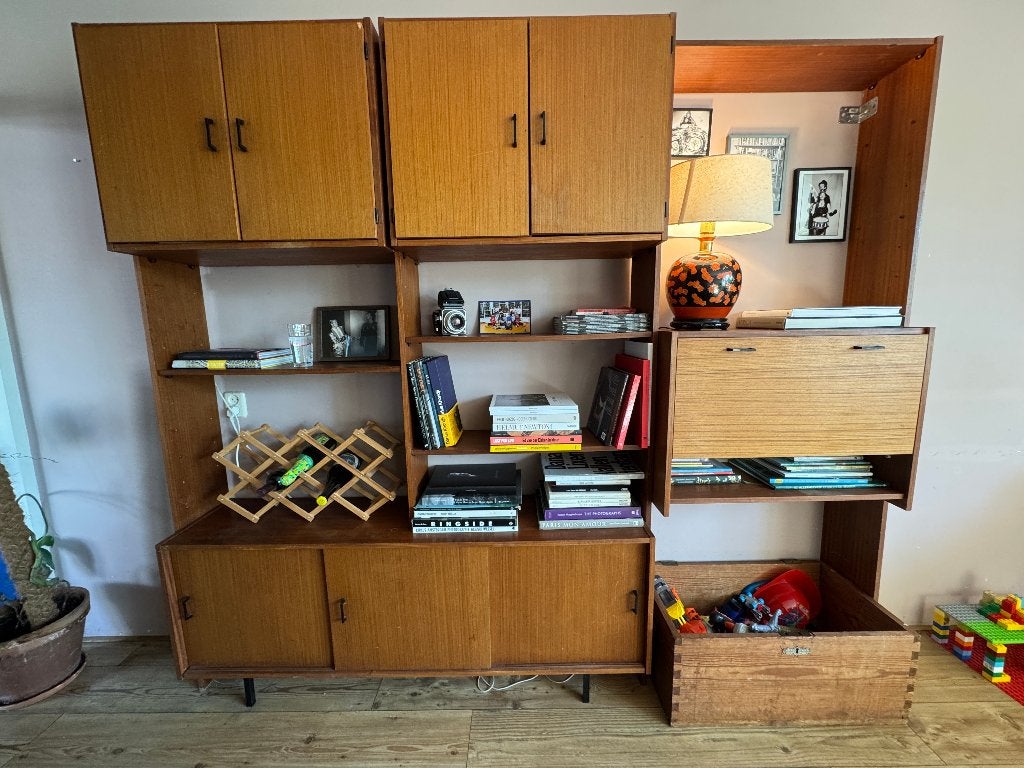 Mid-century vintage wandkast / teak fineer, Ophalen, Gebruikt, Teakhout, 200 cm of meer