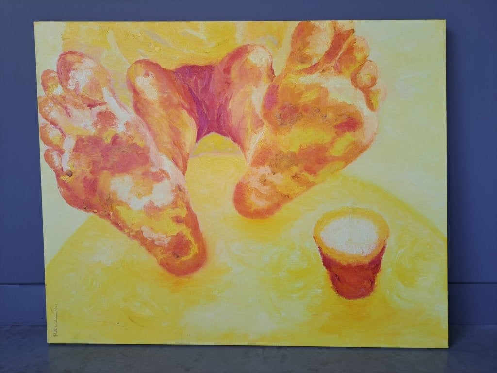 Schilderij relaxen met een biertje 100x80cm, Ophalen, Figuren, Handgeschilderd, Olieverf